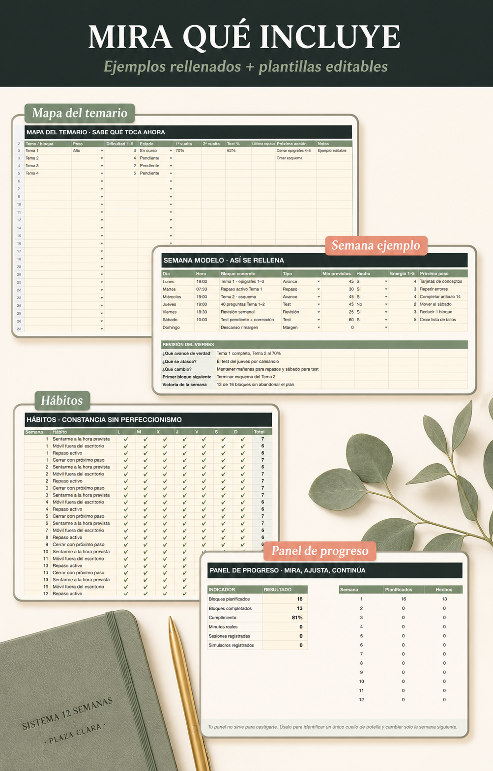 Sistema 12 Semanas para oposiciones · Excel + guía PDF