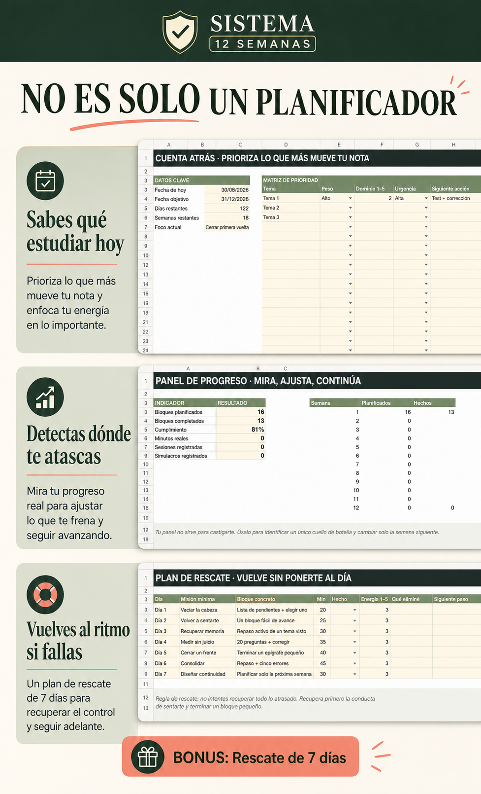 Sistema 12 Semanas para oposiciones · Excel + guía PDF